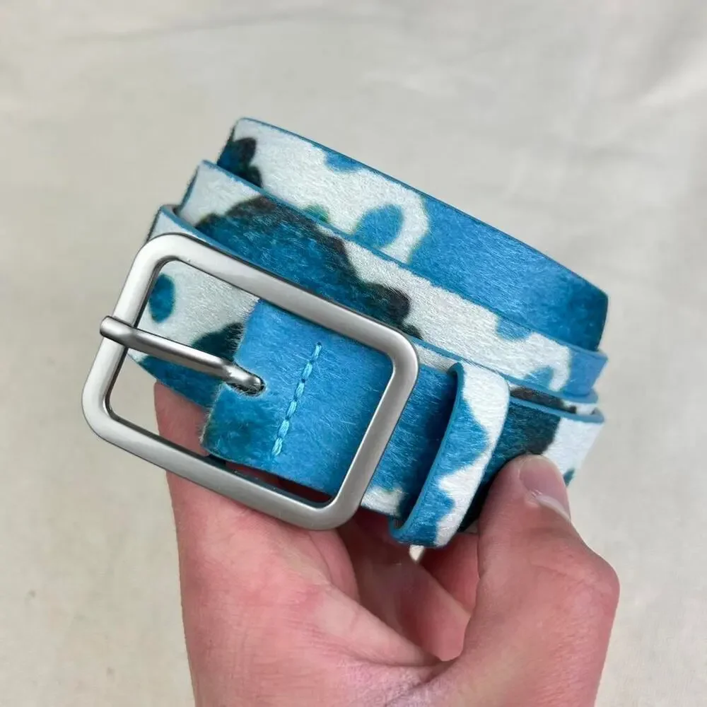 Vintage style cow fur belt american western boho blue and white